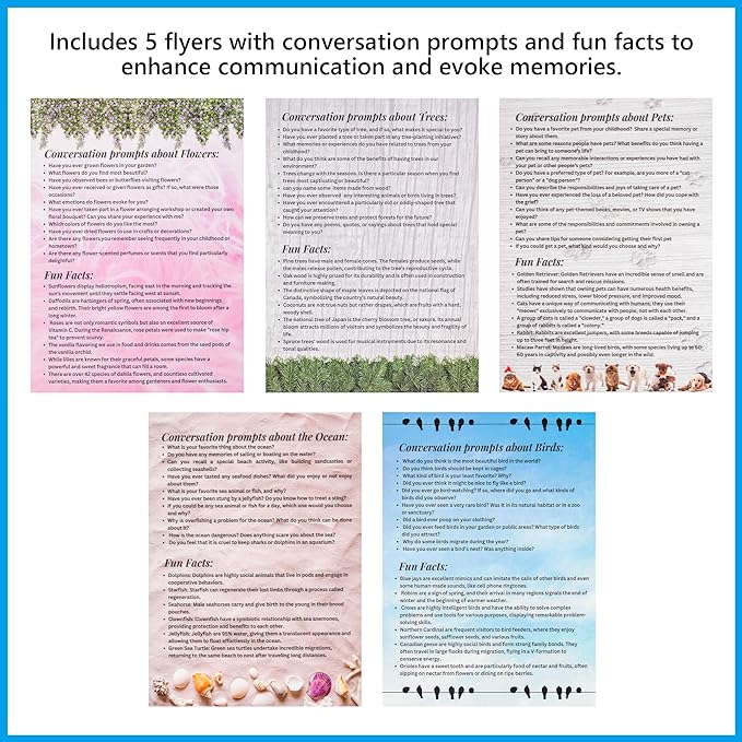 Open conversation-prompt flyers and activity ideas booklet included with the Assistex matching game for memory care — Assistex via EOWD Autism Living