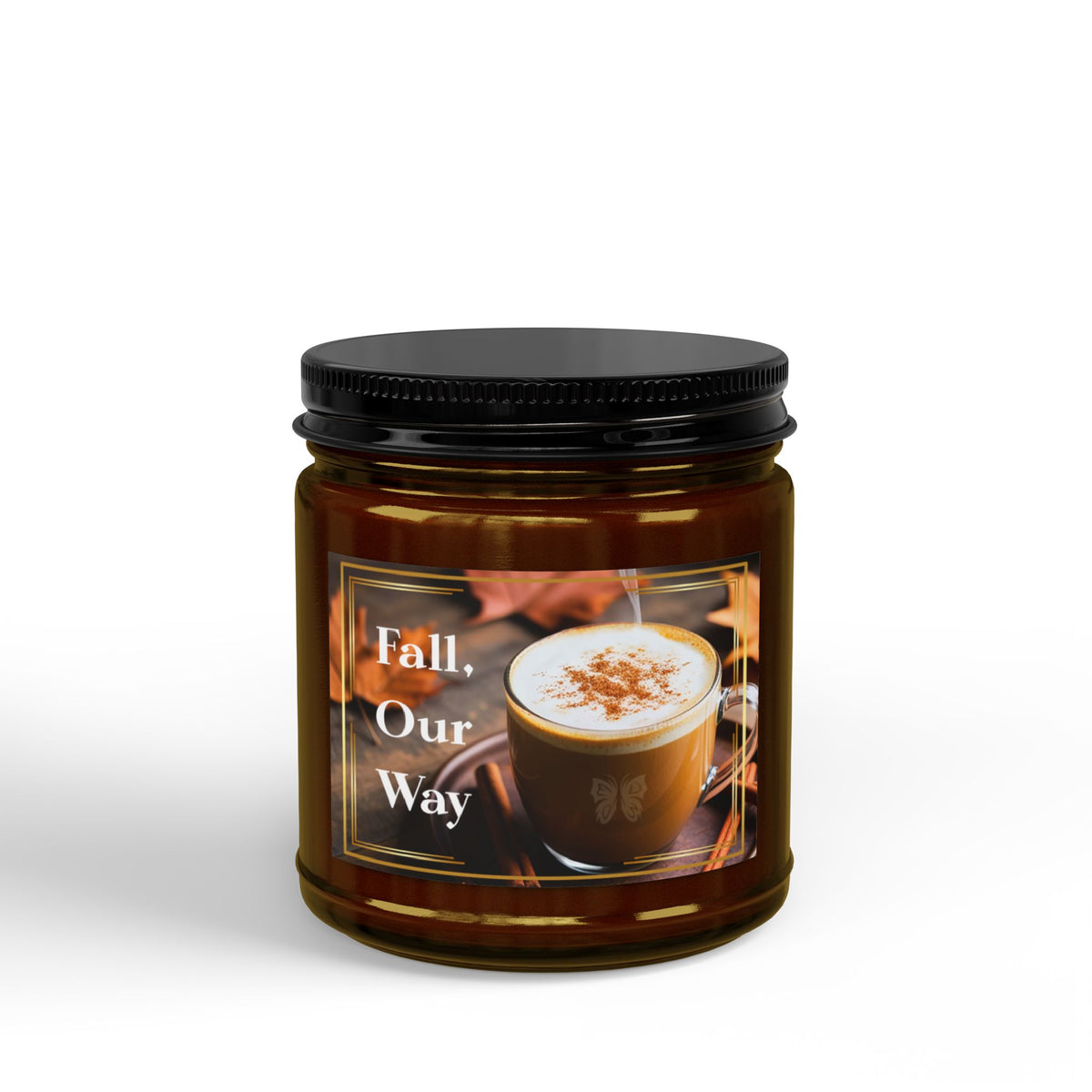 4 oz amber soy candle jar with a black lid and “Fall, Our Way” label showing a warm drink — EOWD Autism Living