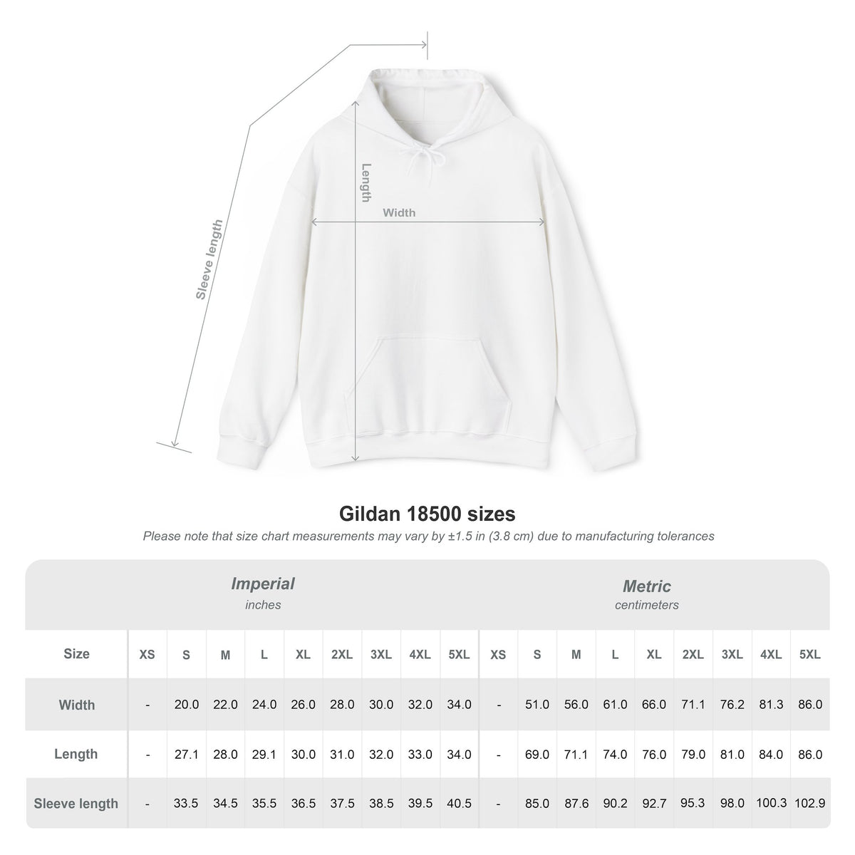Gildan 18500 hoodie size chart showing width, length, and sleeve-length measurements in centimeters and inches — EOWD Autism Living
