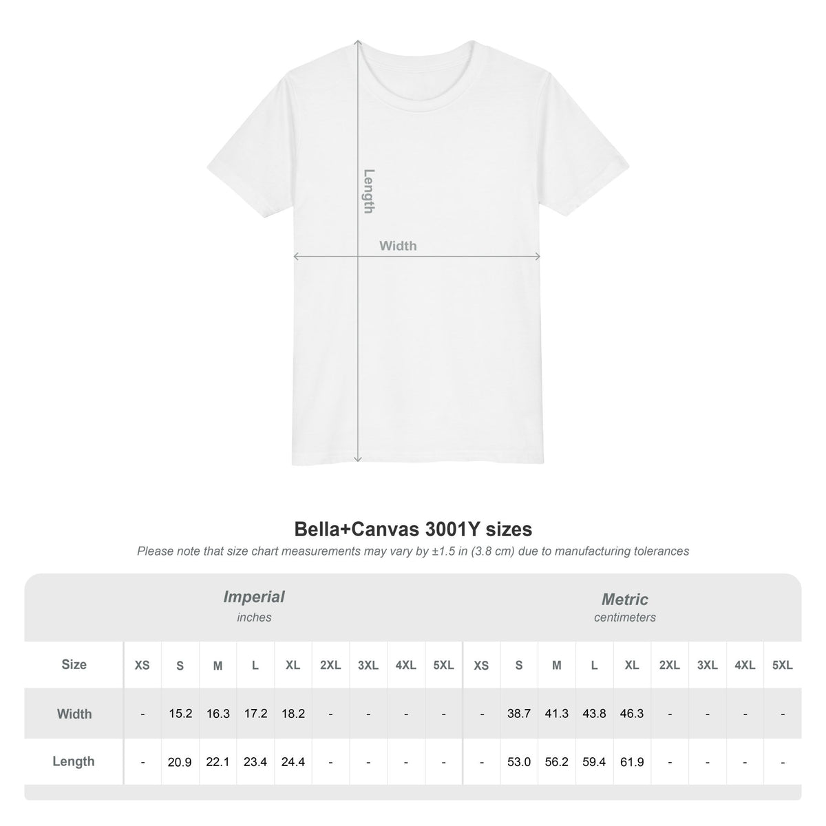 Youth T-shirt size-guide graphic showing a shirt outline and measurement chart — EOWD Autism Living
