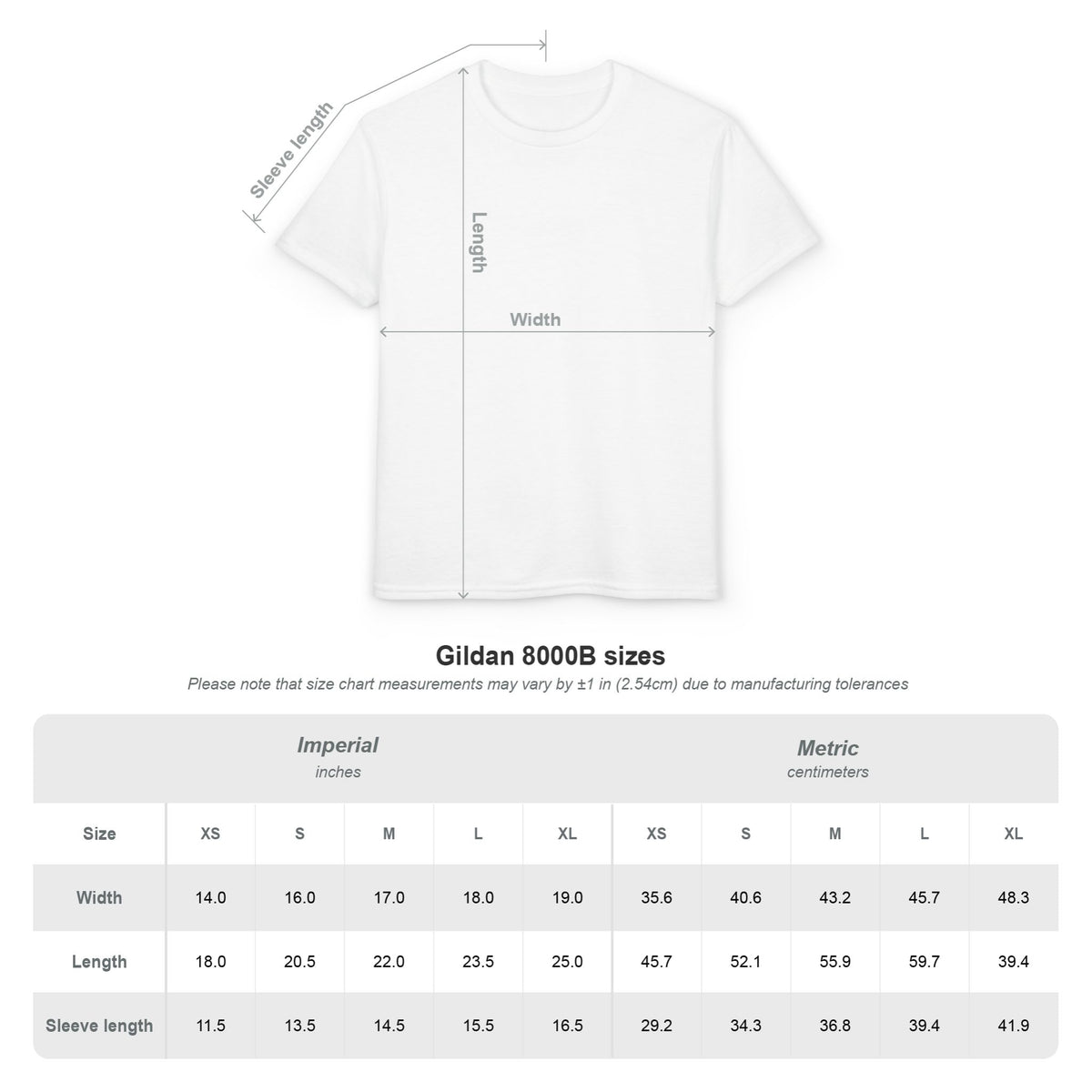Youth T-shirt size chart with a shirt illustration and garment measurements for sizes XS through XL — EOWD Autism Living.⠋