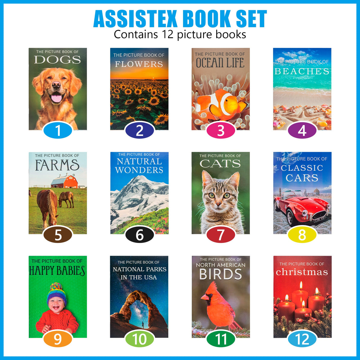 Numbered overview of 12 Assistex picture-book covers featuring animals, flowers, landscapes, classic cars, babies, and Christmas — Assistex via EOWD Autism Living