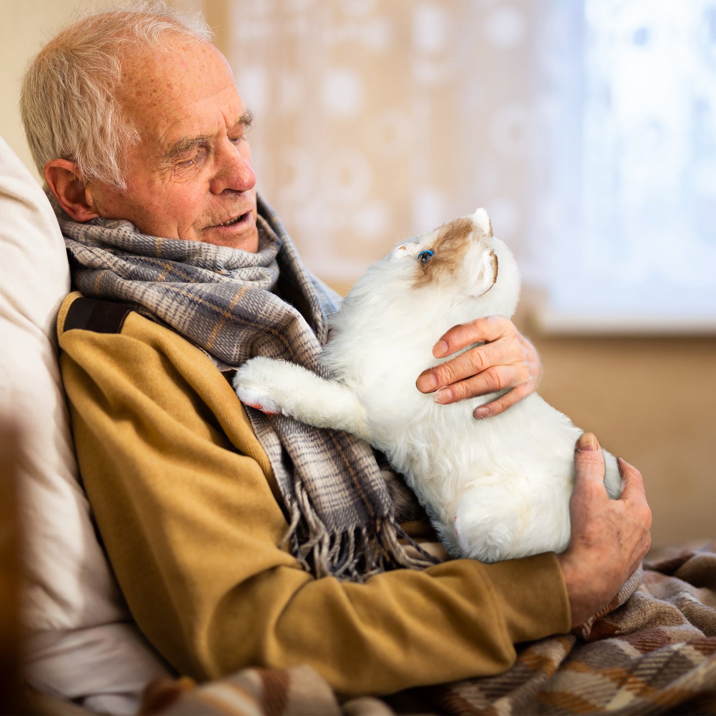 Senior adult holding and cradling lifelike Assistex therapy cat plush in home comfort setting — Assistex via EOWD Autism Living