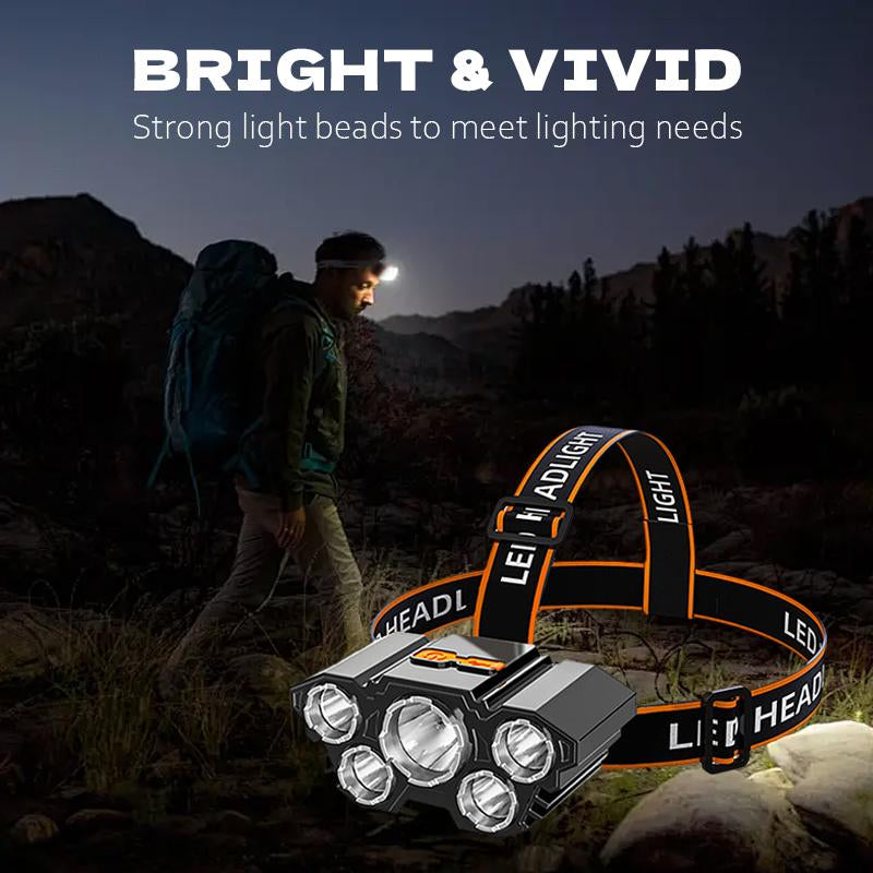 Person hiking at night wearing lit 5-LED headlamp with product shown in foreground against mountain landscape — BazaarBox via EOWD Autism Living