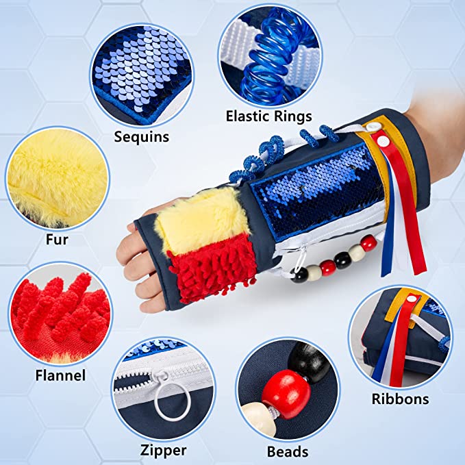 Activity sleeve worn on a forearm, with close-ups of sequins, coiled rings, fabric patches, zipper, beads, and ribbons — Assistex via EOWD Autism Living