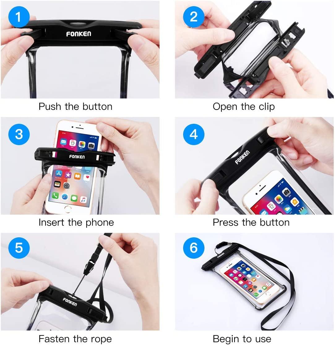 Step-by-step instructions showing how to seal Fonken waterproof phone case snap-and-lock closure — Stevvex via EOWD Autism Living