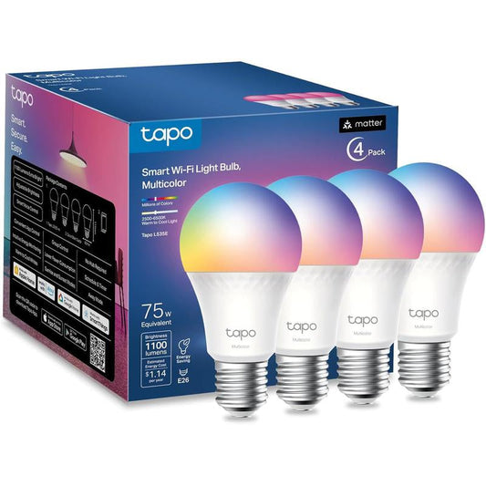 TP-Link® Tapo L535E Smart Light Bulbs, 4-Pack | 1100 Lumens, 16M Colors, Dimmable, Matter-Certified, Works with Siri®, Alexa® & Google Home®