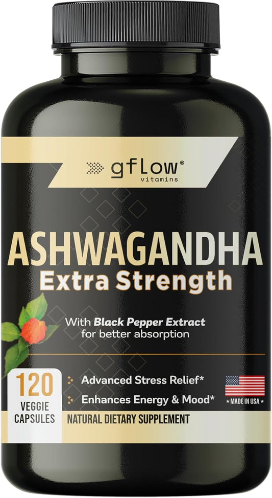 Gflow Ashwagandha Extra Strength Capsules | Adult Wellness Routine, Vegan, Non-GMO, GMP-Manufactured in the USA