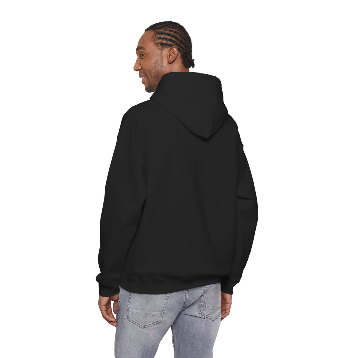 Adult model wearing a black pullover hoodie, shown from the back — EOWD Autism Living