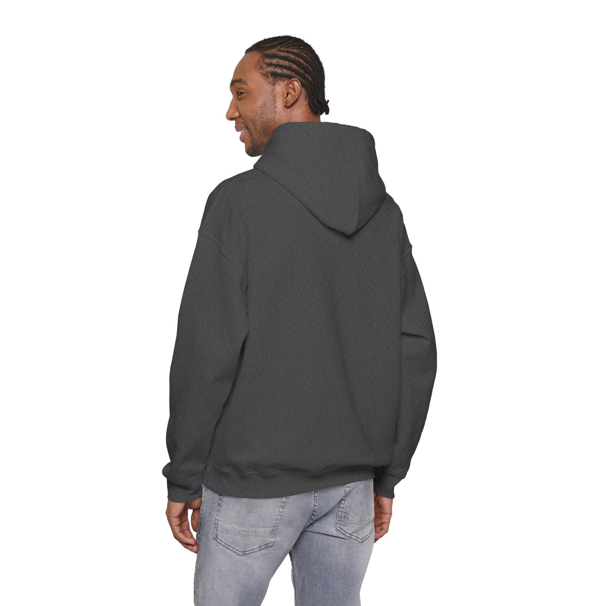 Adult model wearing a dark heather pullover hoodie, shown from the back — EOWD Autism Living