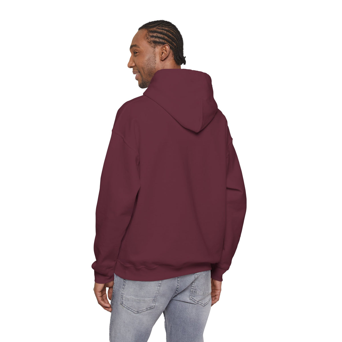 Adult model wearing a maroon pullover hoodie, shown from the back — EOWD Autism Living