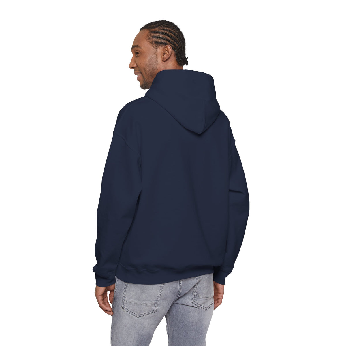 Adult model wearing a navy pullover hoodie, shown from the back — EOWD Autism Living