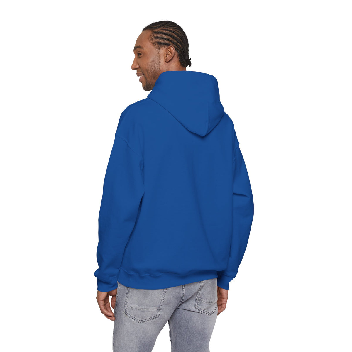 Adult model wearing a royal blue pullover hoodie, shown from the back — EOWD Autism Living