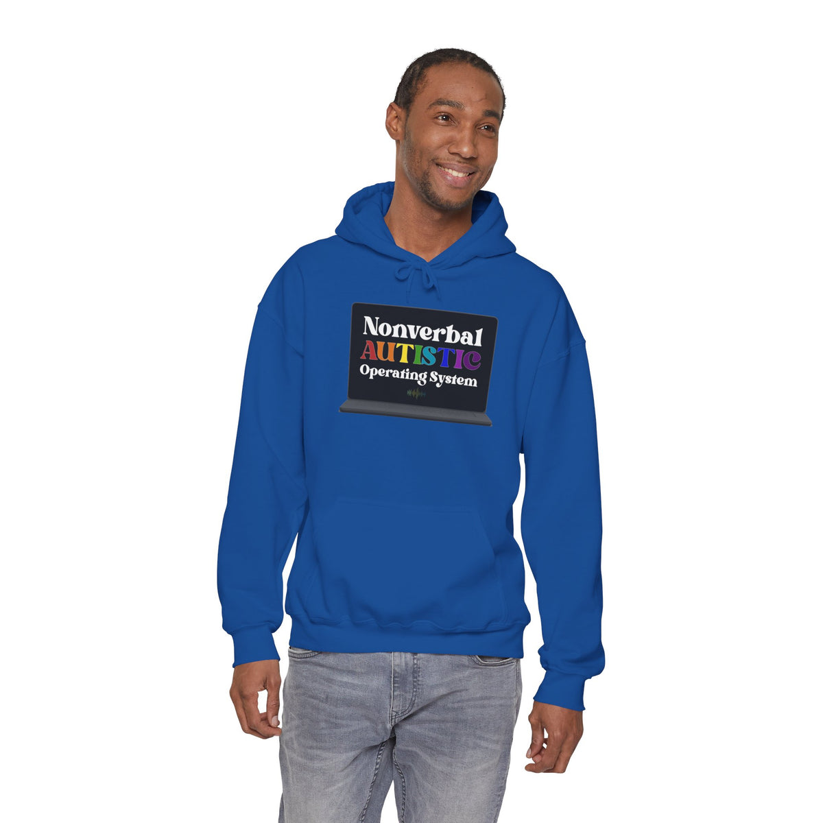 Adult model wearing a royal blue pullover hoodie with the bold rainbow “Nonverbal AUTISTIC Operating System” laptop graphic, front view — EOWD Autism Living