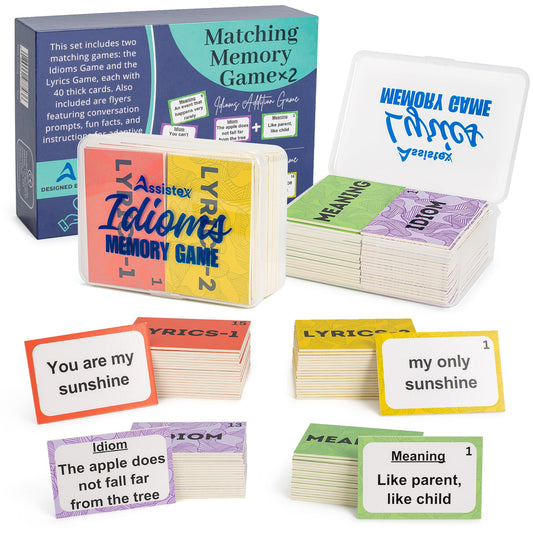 Assistex Matching Memory Game and Idioms Memory Game boxes with sample cards on white background — Assistex via EOWD Autism Living