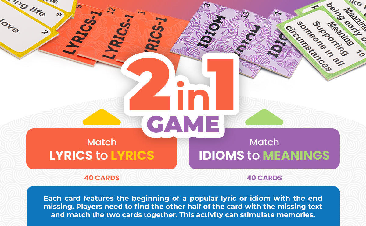 2-in-1 game feature callout graphic for Assistex Lyric and Idiom Matching Card Game — Assistex via EOWD Autism Living