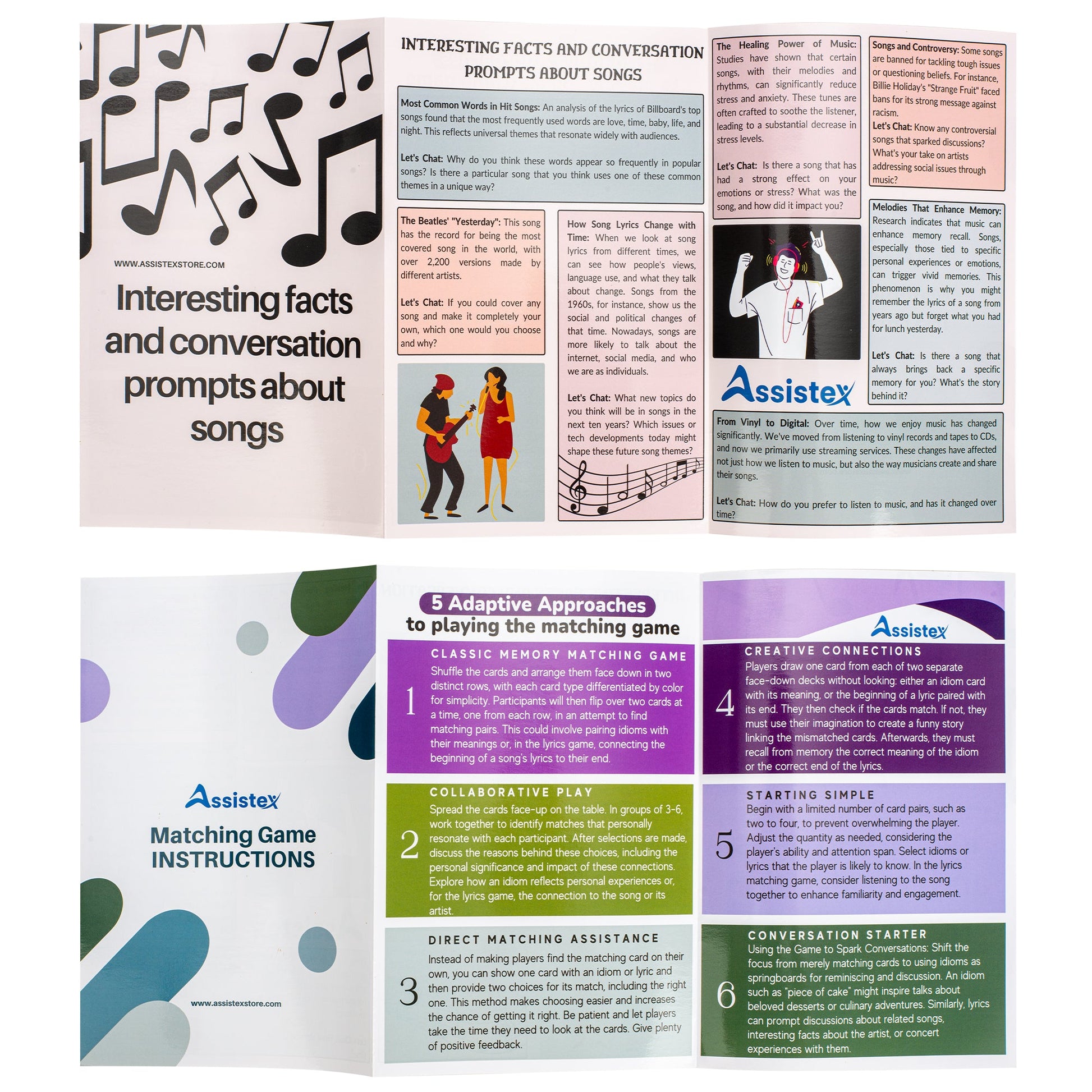Assistex 2-in-1 Lyric and Idiom Matching Card Game instruction guide and information sheet — Assistex via EOWD Autism Living