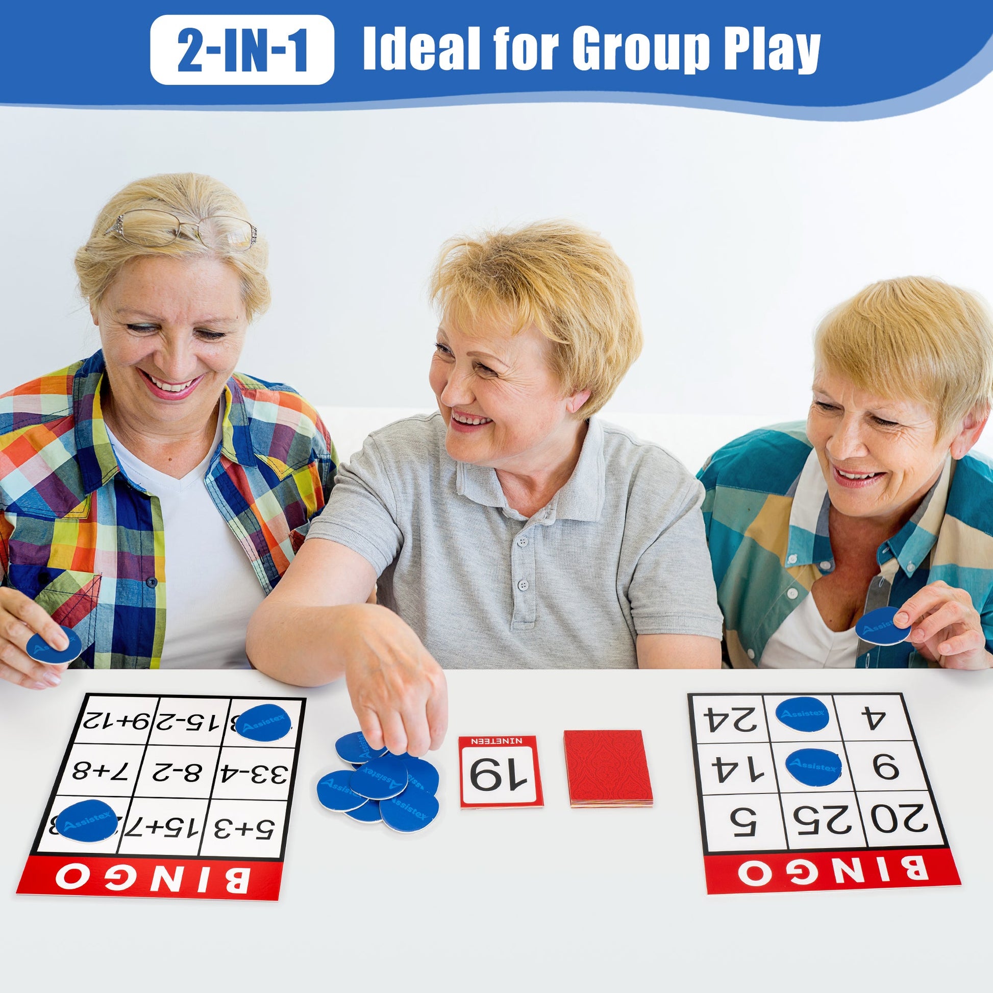 3-in-1 ideal for group play feature callout graphic with lifestyle inset for Assistex Bingo for Seniors — Assistex via EOWD Autism Living

