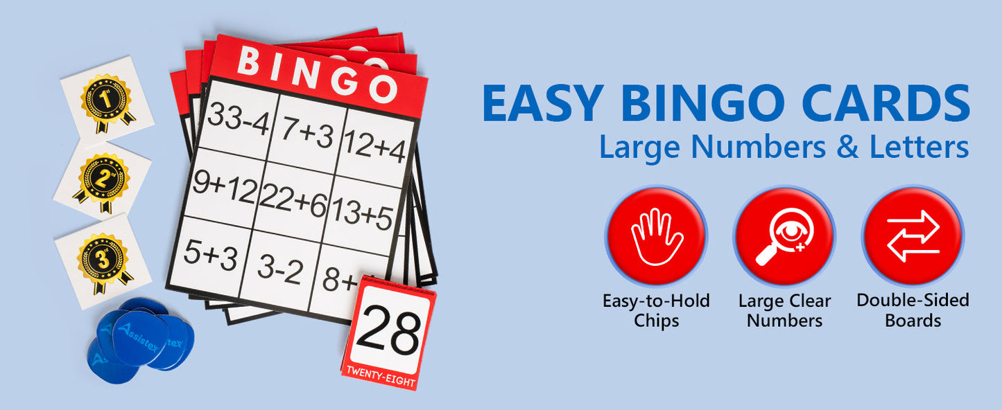 Easy to read large text bingo feature callout graphic for Assistex Bingo for Seniors — Assistex via EOWD Autism Living