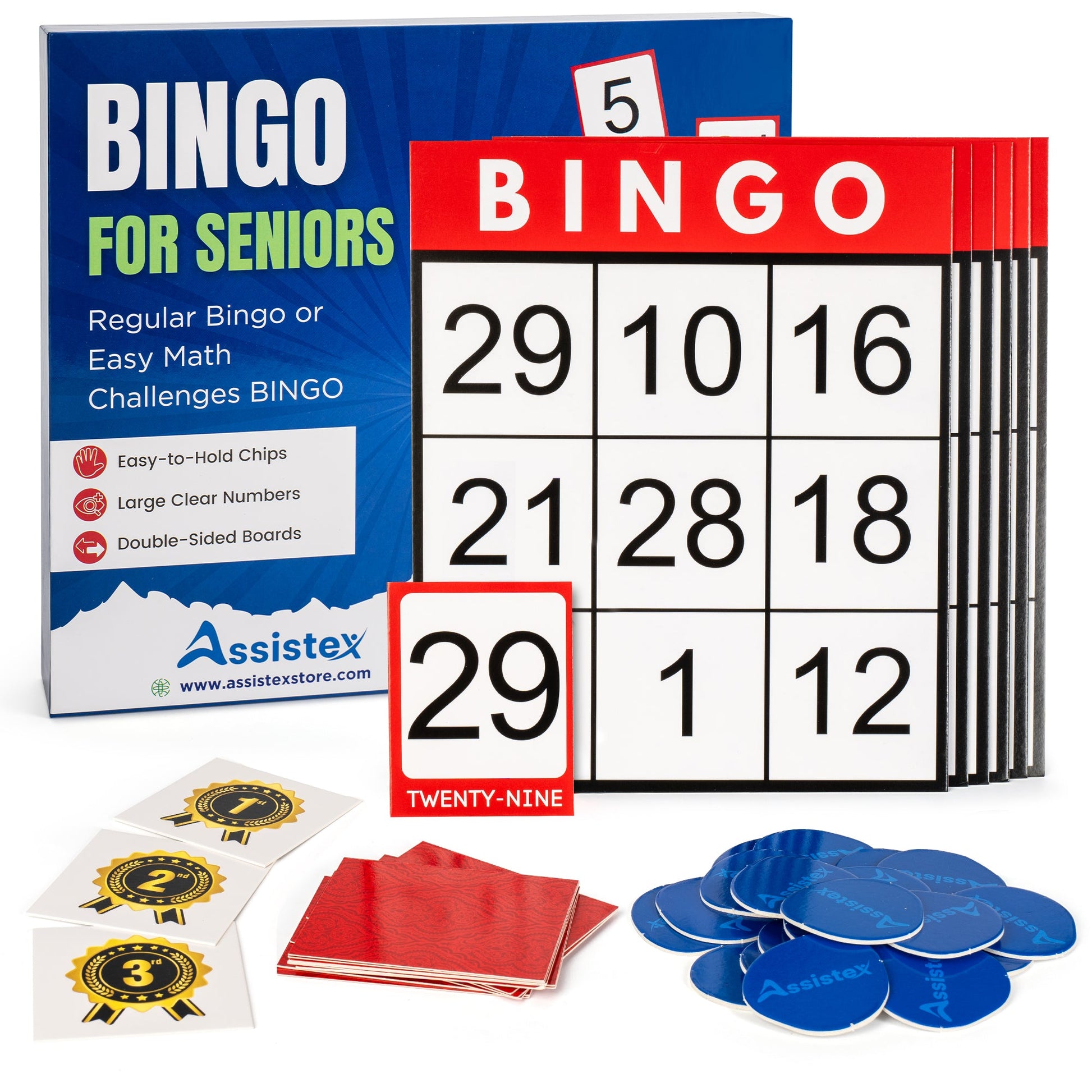 Bingo for Seniors game set box with bingo cards, red chips, and blue dauber on white background — Assistex via EOWD Autism Living