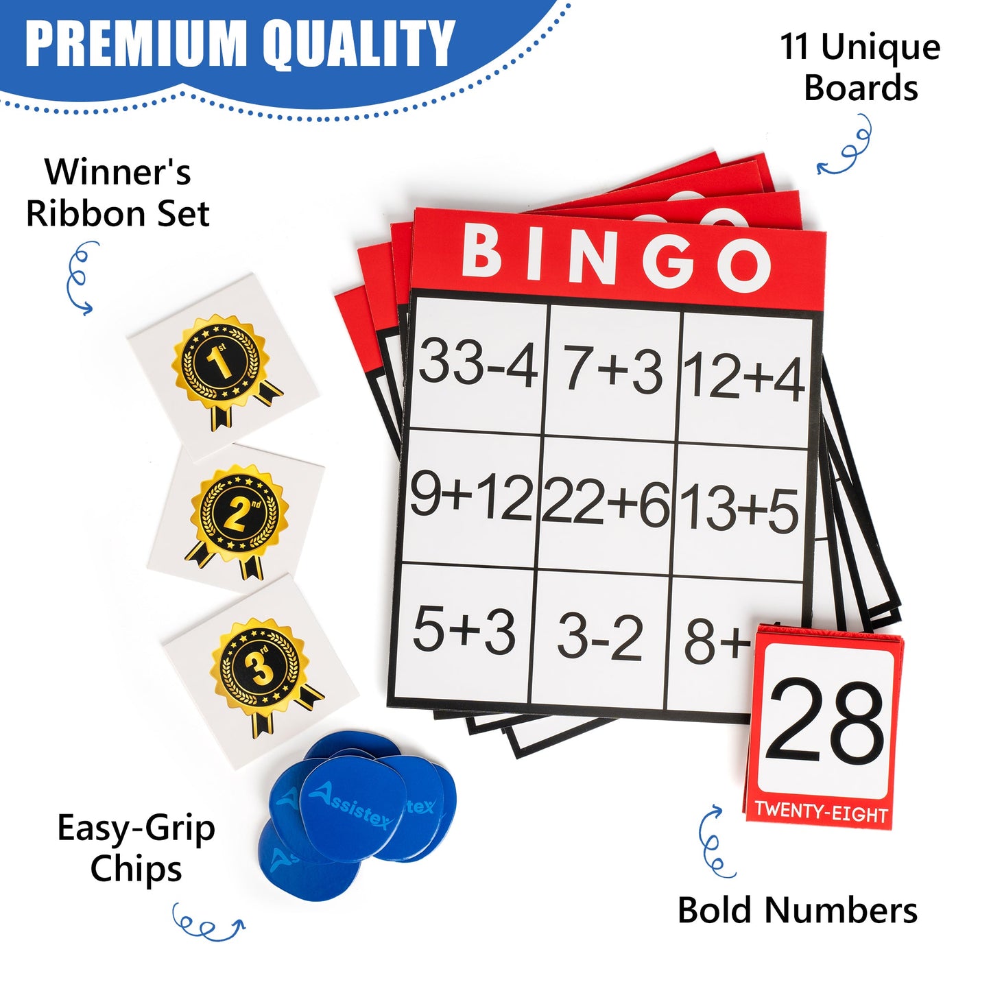 Premium quality feature callout graphic showing bingo chips and dauber for Assistex Bingo for Seniors — Assistex via EOWD Autism Living