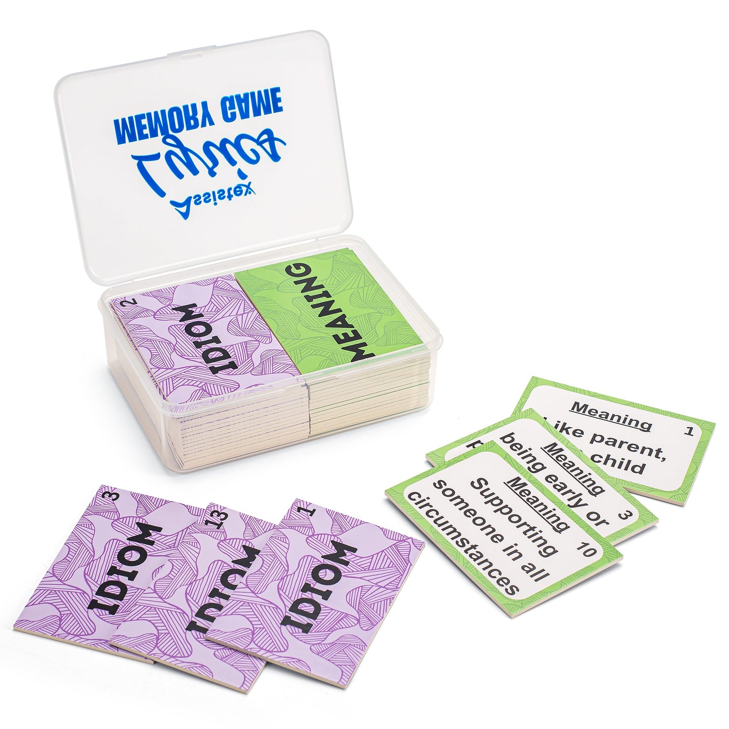 Close-up of Assistex Idioms Memory Game cards with large print text on white background — Assistex via EOWD Autism Living