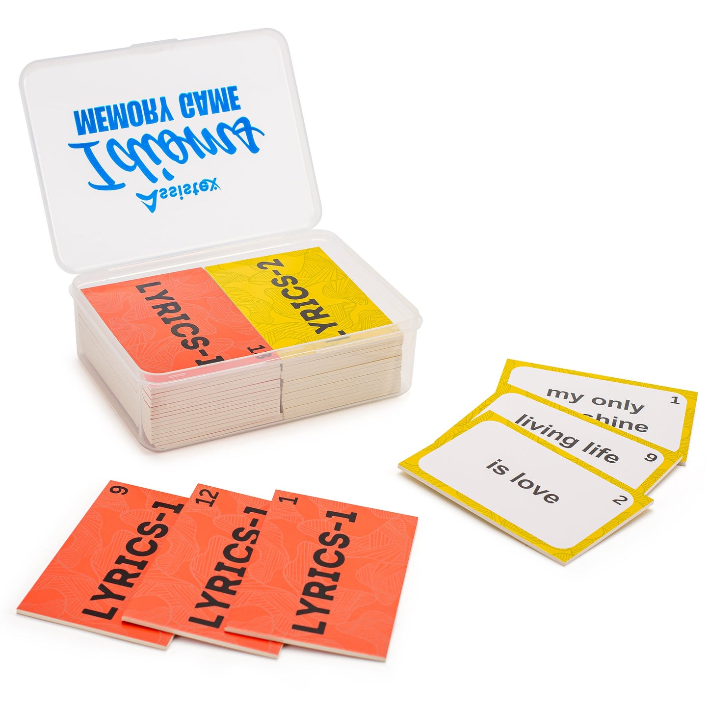 Assistex lyric matching card game cards organized in storage box on white background — Assistex via EOWD Autism Living