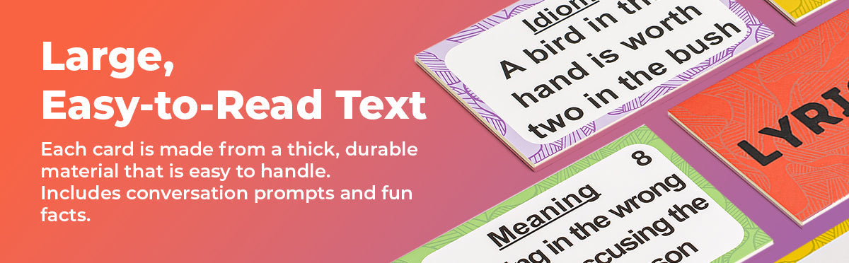 Large easy-to-read text feature callout graphic for Assistex Lyric Matching Card Game — Assistex via EOWD Autism Living