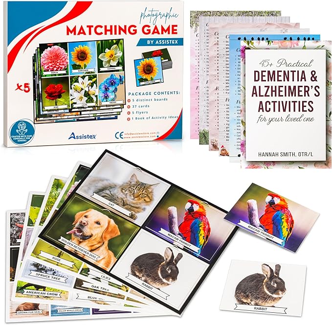 Matching game activity board box with flower and nature-themed picture cards fanned out on a flat surface — Assistex via EOWD Autism Living