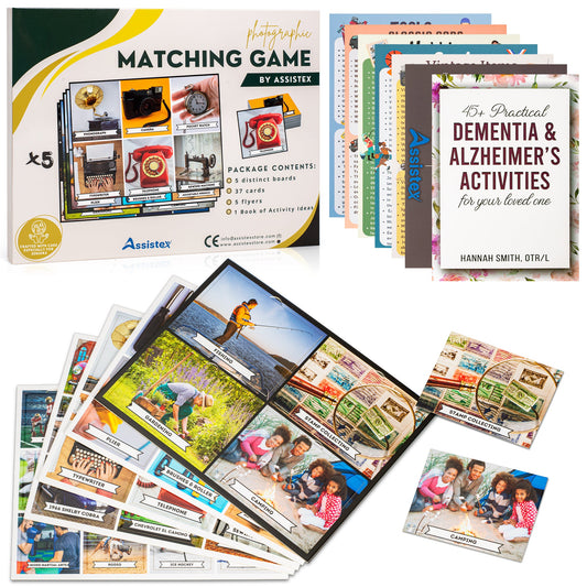 Activity Matching game activity board box with scattered photo and activity cards on a flat surface — Assistex via EOWD Autism Living