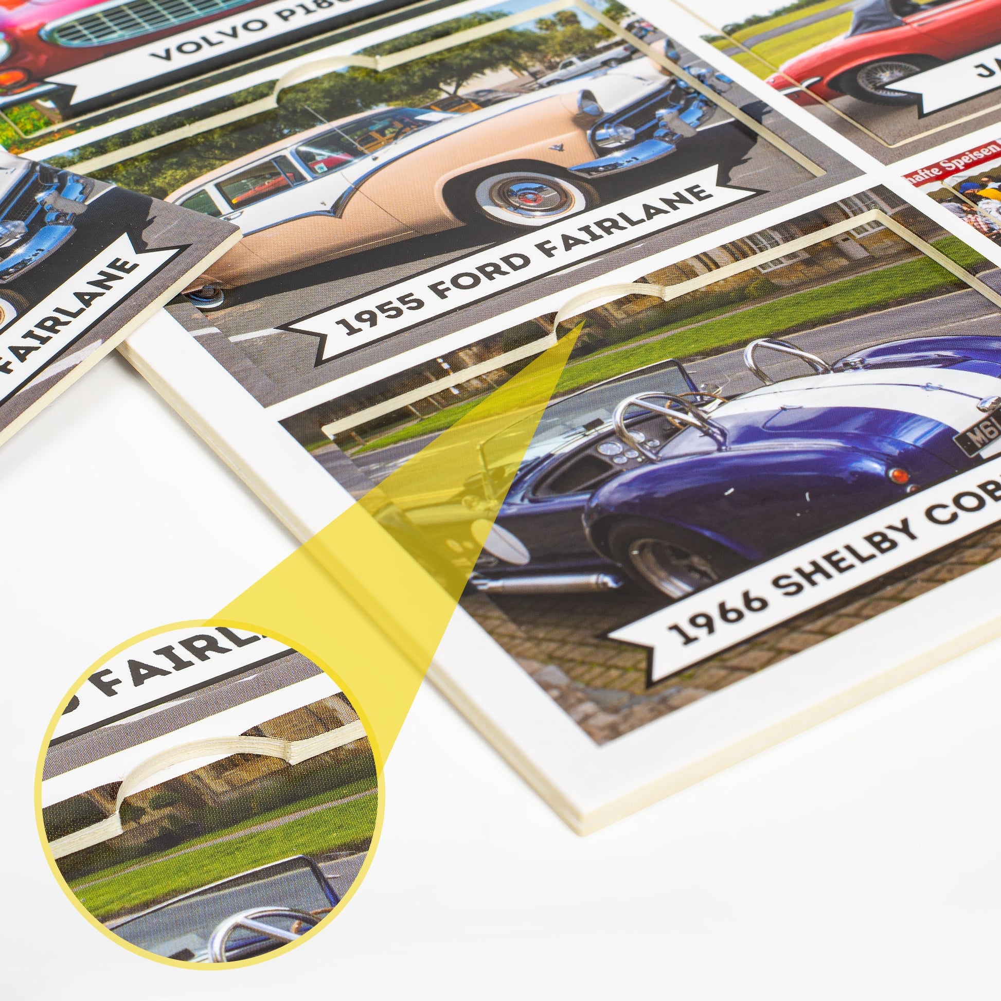 Close-up of matching cards featuring classic cars and vintage imagery designed for senior men's memory care — Assistex via EOWD Autism Living