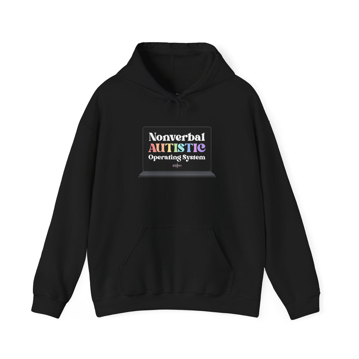 Black pullover hoodie shown from the front with a small rectangular graphic centered on the chest — EOWD Autism Living

