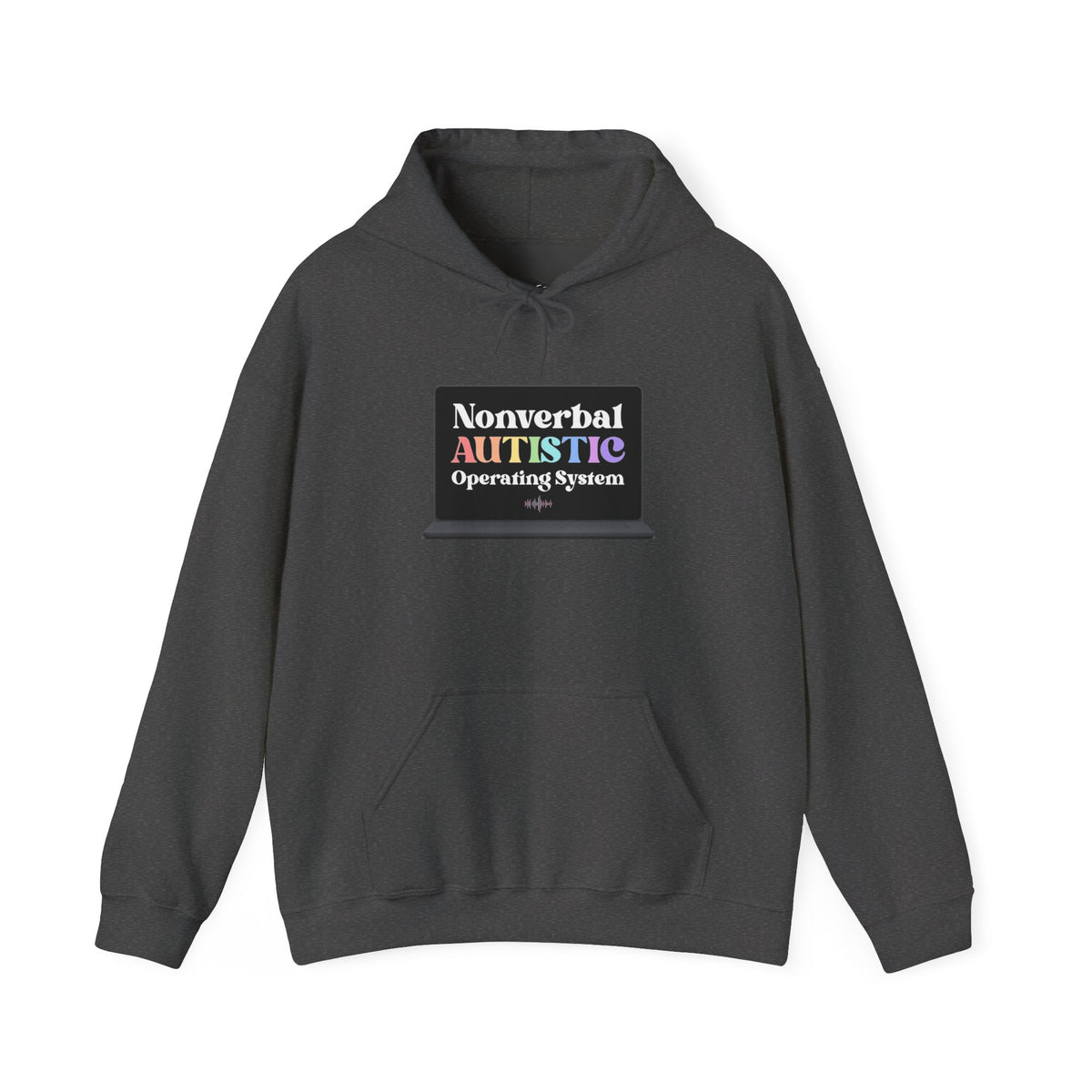 Dark heather pullover hoodie shown from the front with a small rectangular graphic centered on the chest — EOWD Autism Living