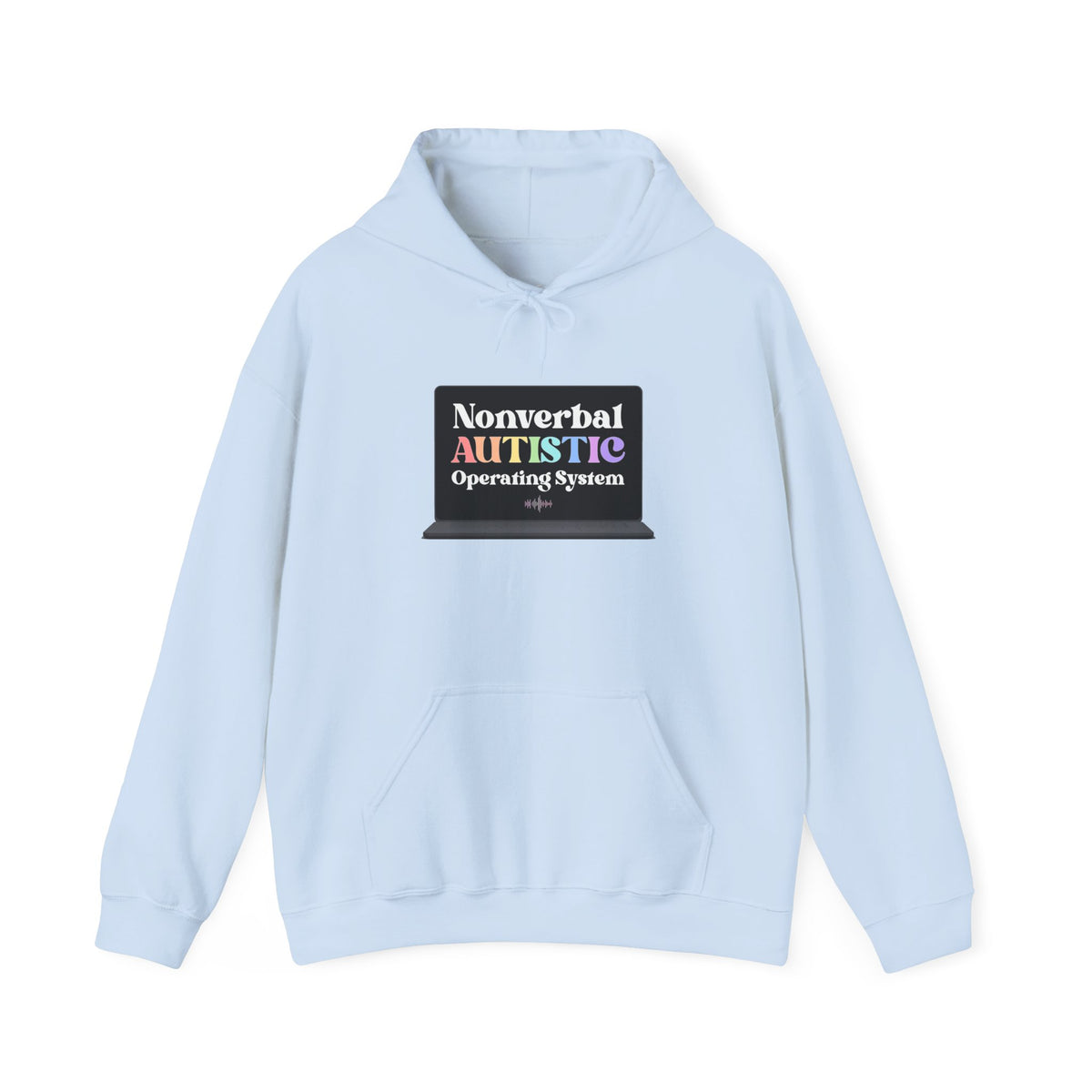 Light blue pullover hoodie shown from the front with a small rectangular graphic centered on the chest — EOWD Autism Living