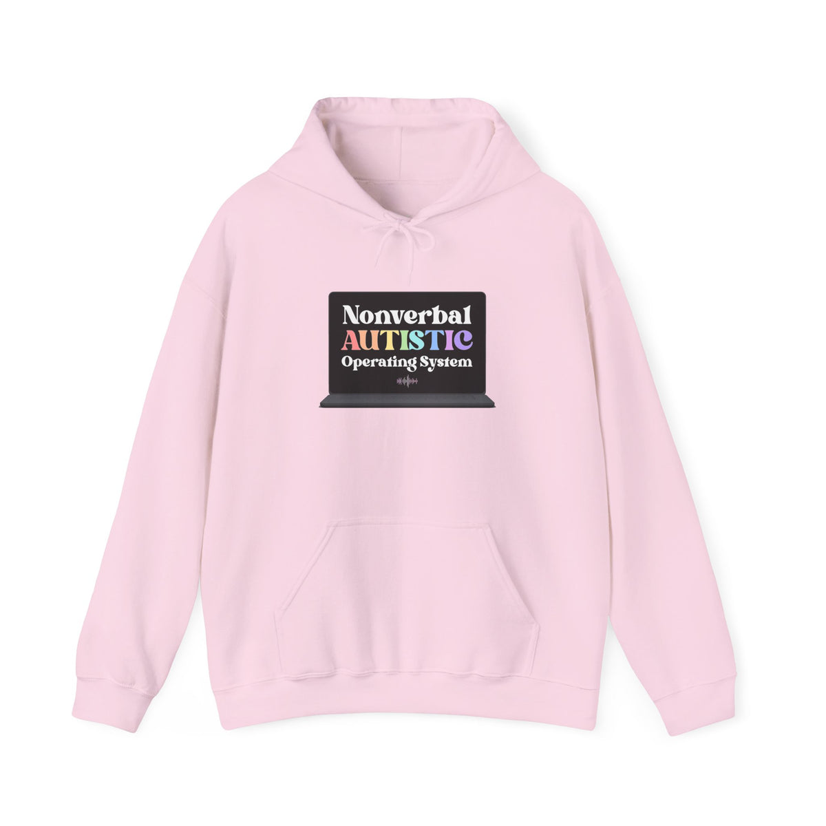 Light pink pullover hoodie shown from the front with a small rectangular graphic centered on the chest — EOWD Autism Living