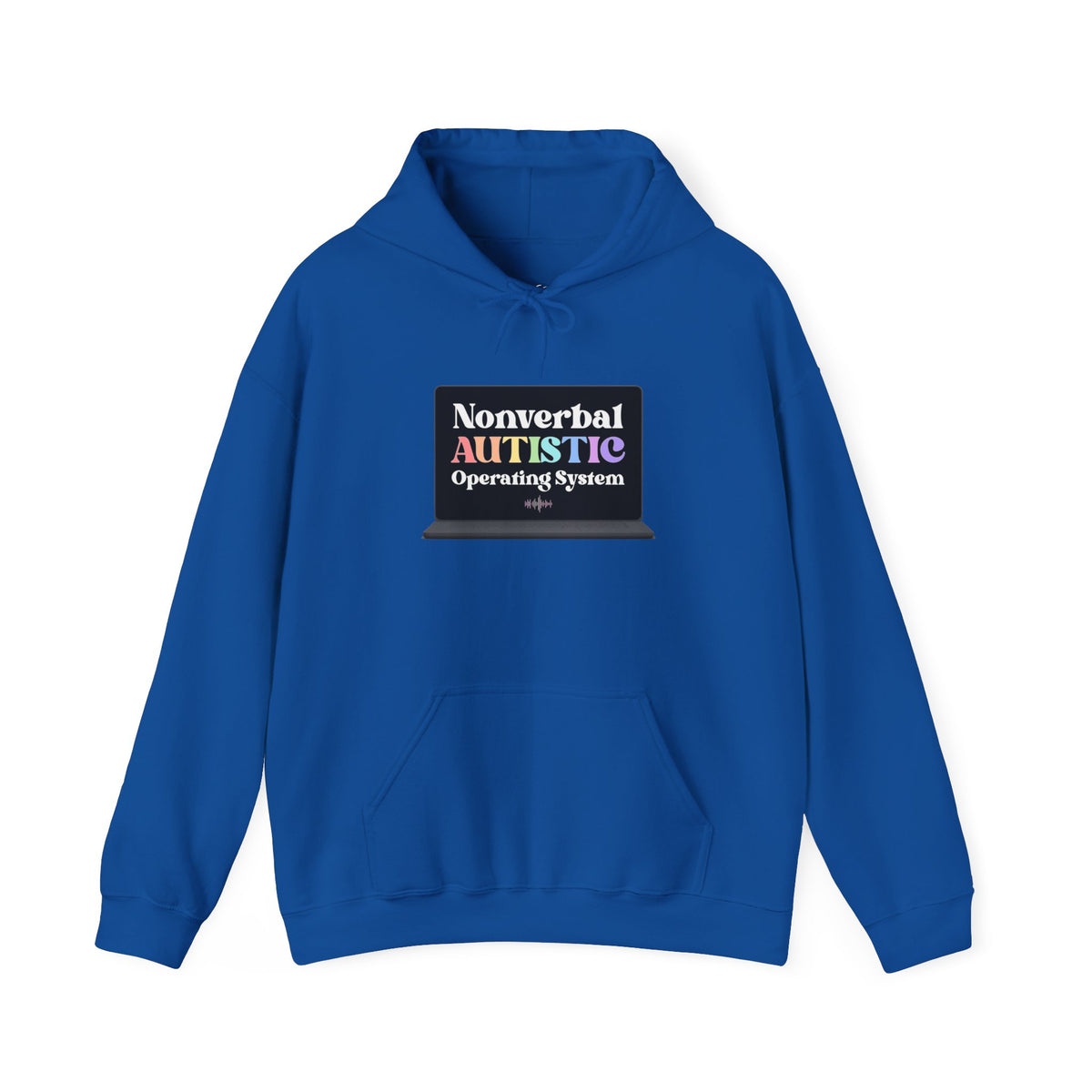 Royal blue pullover hoodie shown from the front with a small rectangular graphic centered on the chest — EOWD Autism Living