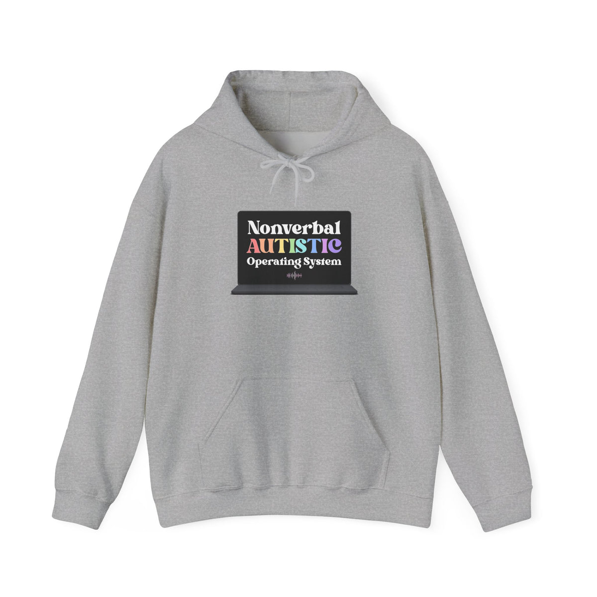 Sport grey pullover hoodie shown from the front with a small rectangular graphic centered on the chest — EOWD Autism Living