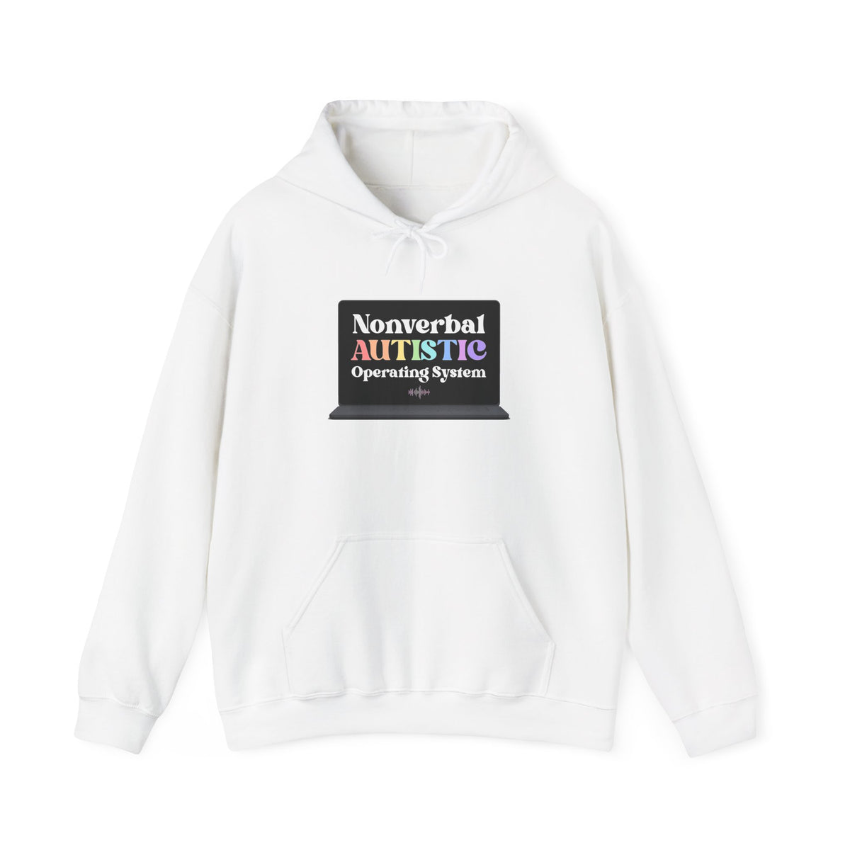 White pullover hoodie shown from the front with a small rectangular graphic centered on the chest — EOWD Autism Living