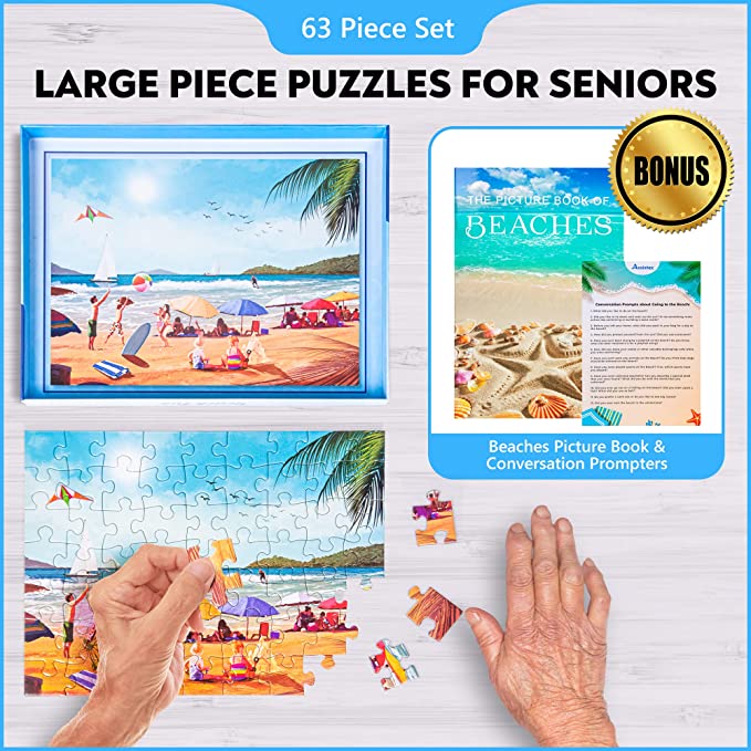 Beach Fun puzzle feature graphic showing the box, large pieces beside hands, and a beach picture book with conversation prompts — Assistex via EOWD Autism Living