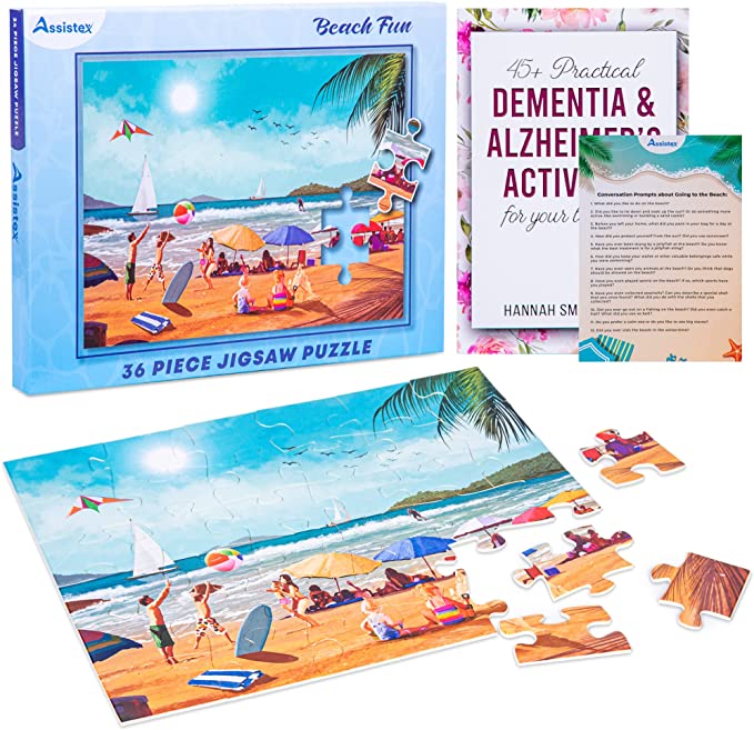 Beach Fun 36-piece large piece jigsaw puzzle box with scattered puzzle pieces on white background — Assistex via EOWD Autism Living