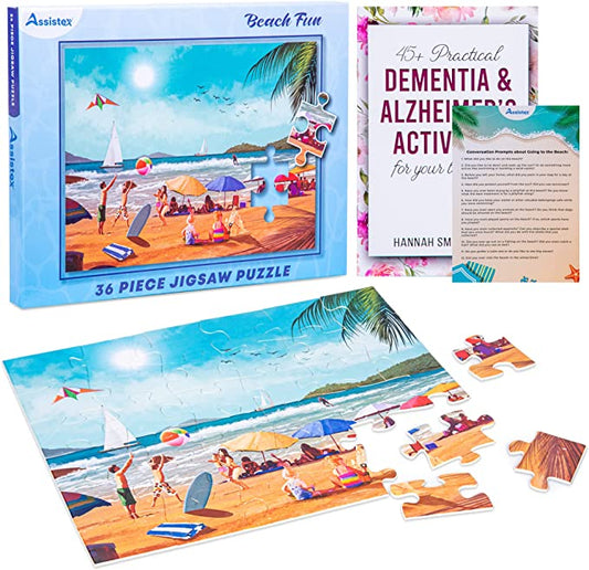 Beach Fun 36-piece large piece jigsaw puzzle box with scattered puzzle pieces on white background — Assistex via EOWD Autism Living