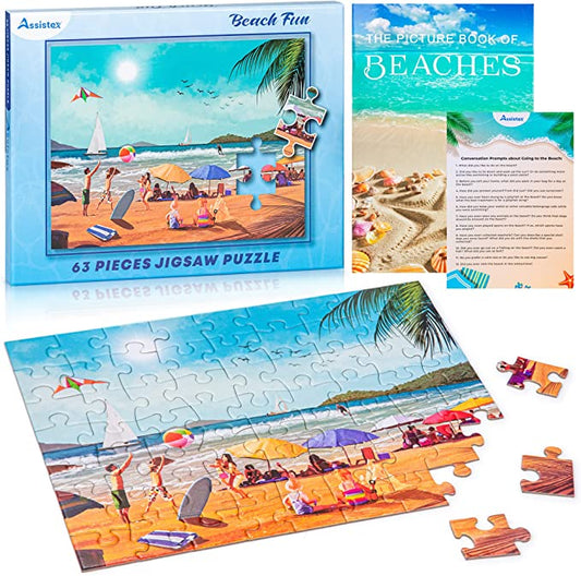 Beach Fun 63-piece large piece jigsaw puzzle box with scattered puzzle pieces on white background — Assistex via EOWD Autism Living