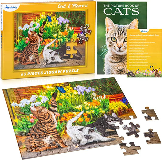 Cats & Flowers 63-piece large piece jigsaw puzzle box with scattered puzzle pieces on white background — Assistex via EOWD Autism Living