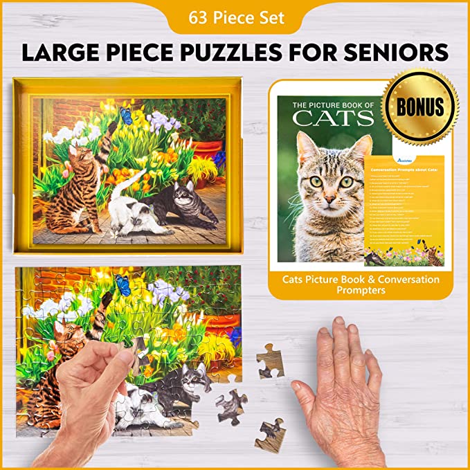 Collage of a cats-and-flowers puzzle, hands assembling pieces, cat picture book and prompt flyer — Assistex via EOWD Autism Living