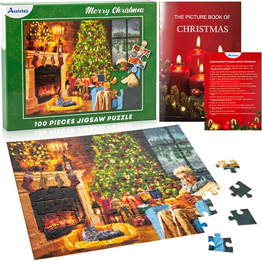 Christmas large piece jigsaw puzzle box showing fireplace holiday scene with 100 pieces — Assistex via EOWD Autism Living