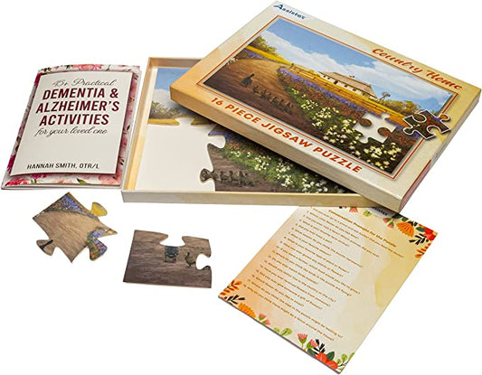 Country Home 16-piece large piece jigsaw puzzle box with activity book and scattered puzzle pieces — Assistex via EOWD Autism Living
