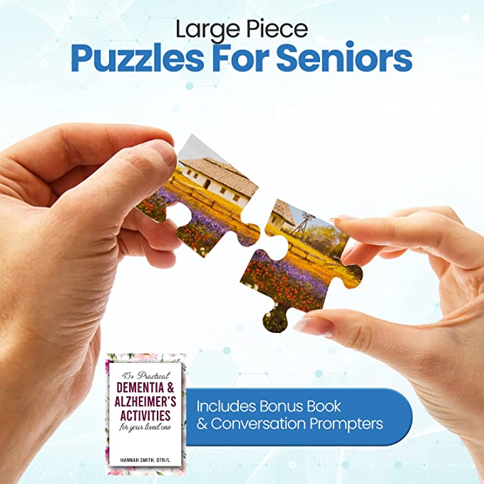 Assistex large piece puzzle collection display showing Country Home and companion puzzle titles for seniors — Assistex via EOWD Autism Living