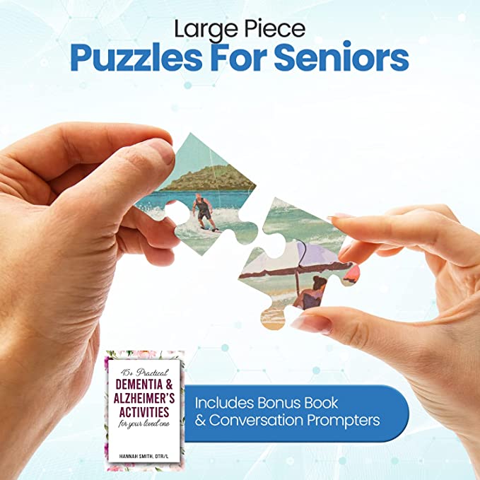 Hands holding two large beach-scene puzzle pieces beside a bonus-book graphic — Assistex via EOWD Autism Living
