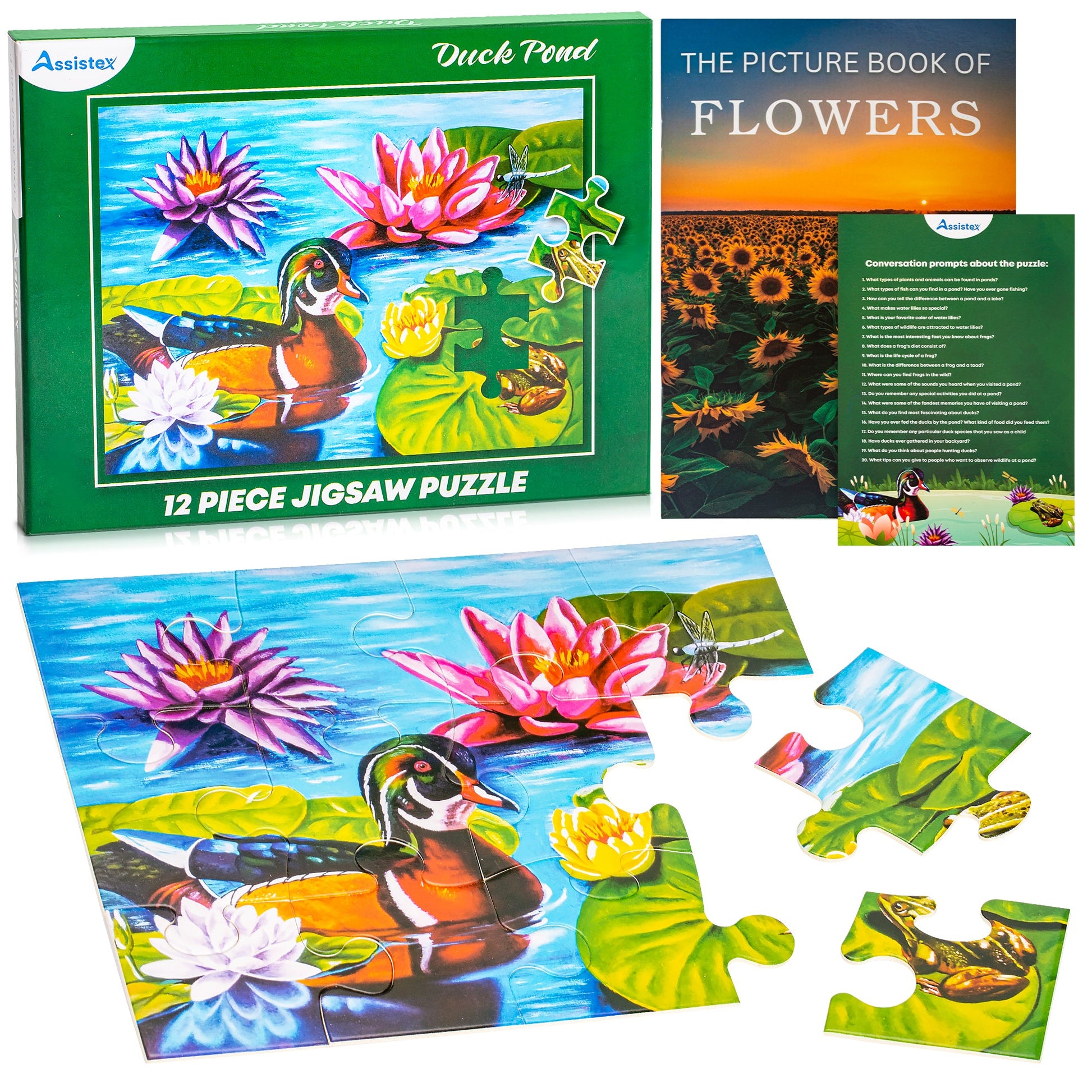 Duck Pond 12-piece large piece jigsaw puzzle box with Flowers picture book and scattered puzzle pieces — Assistex via EOWD Autism Living