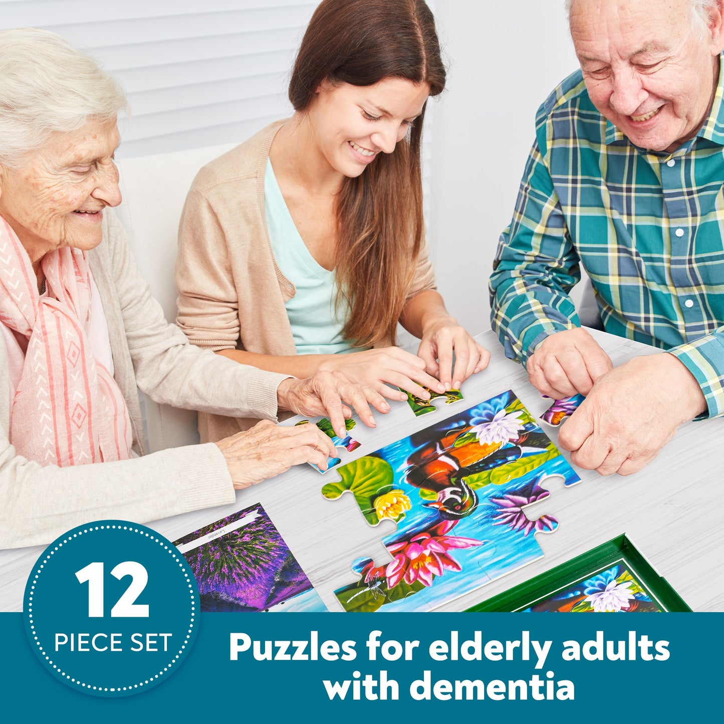 Assistex 12-piece Duck Pond puzzle lifestyle and feature display for elderly adults with dementia — Assistex via EOWD Autism Living